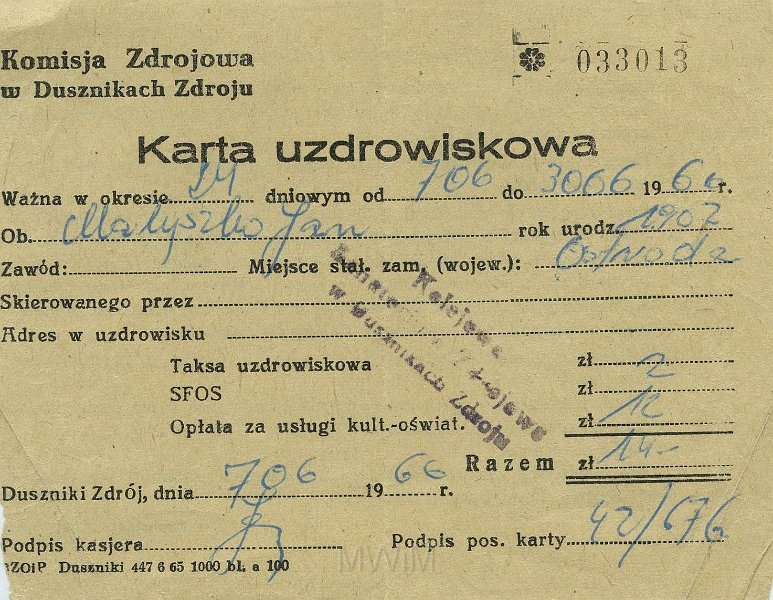 KKE 5469.jpg - Dok. Karta uzdrowiskowa wystawiona przez Komisję Zdrowia w Dusznikach Zdroju dla Jana Małyszko, Duszniki Zdrój, 7 VI 1966 r.